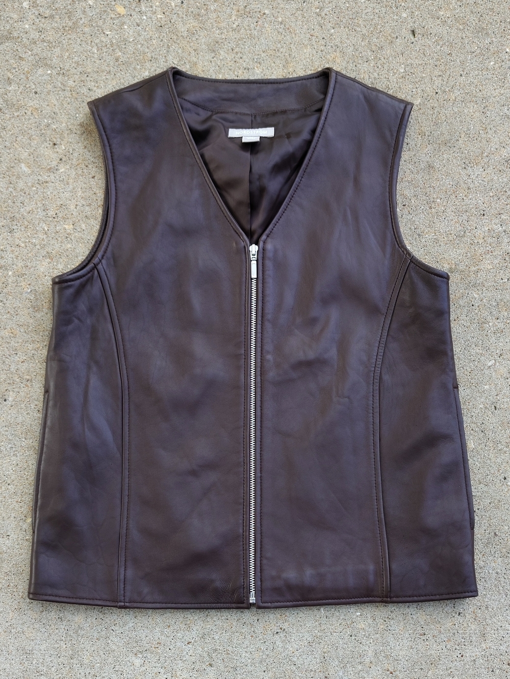 Nordstrom Lambskin Soft Leather Full Zip Vest Jacket Size XS Brown Grunge Biker - Picture 1 of 13
